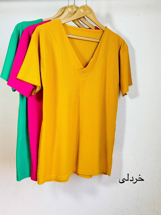 خرید تیشرت زنانه خردلی یقه هفت کبریتی با کشسانی بالا