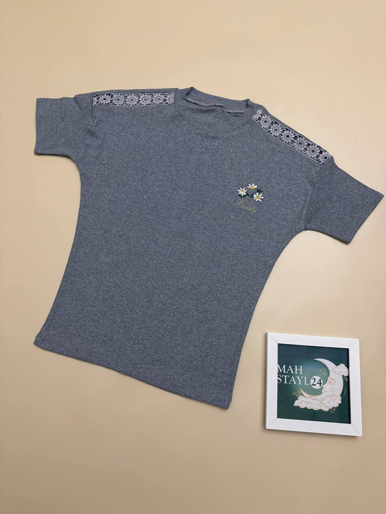 تیشرت پاییزی زنانه کبریتی سرشانه گیپور