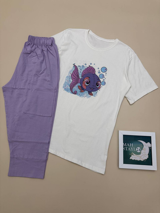 تیشرت زنانه طرح ماهی بنفش – تصویر ماهی کارتونی چشمدرشت، سبک و خنک